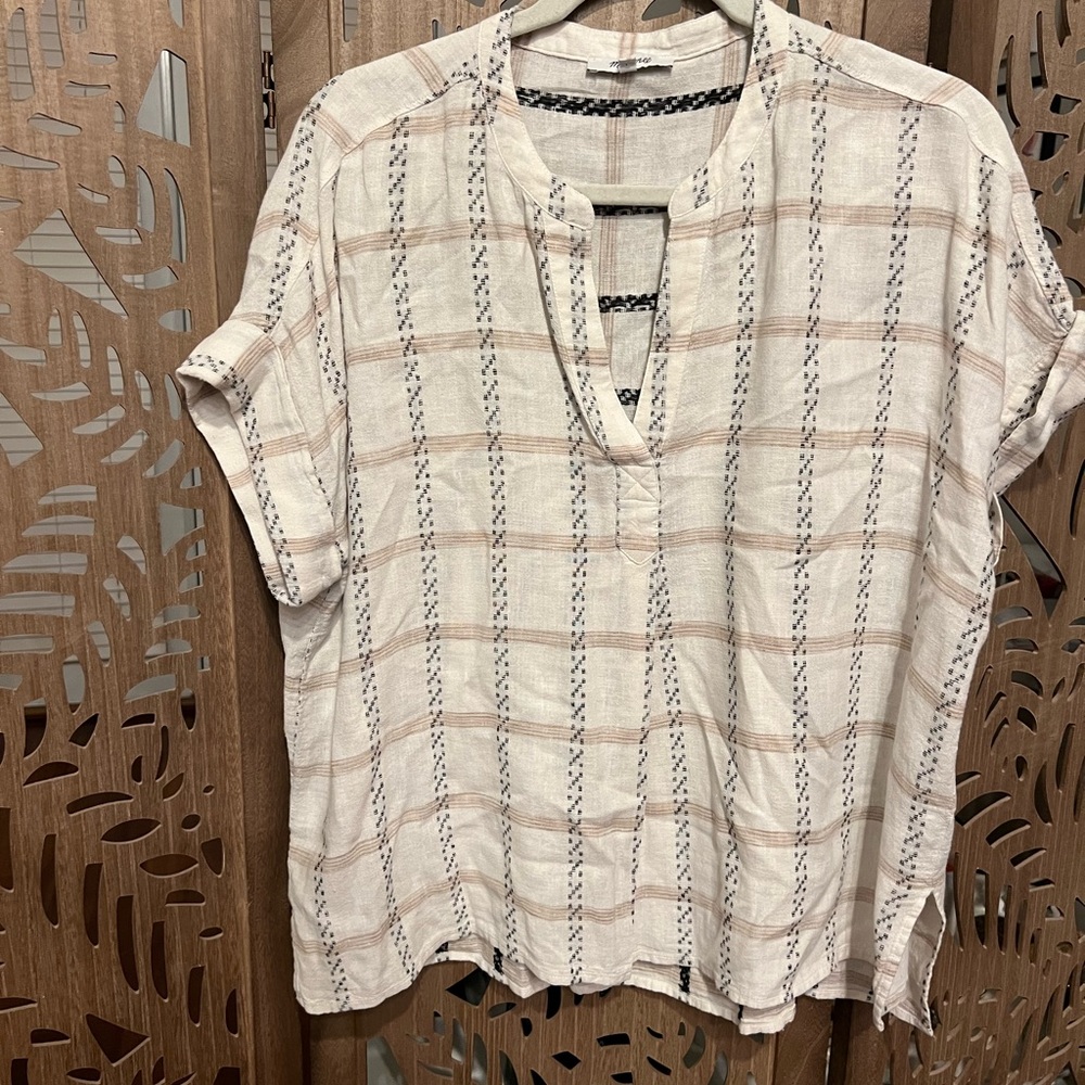 Madewell Cream and Tan Plaid Blouse